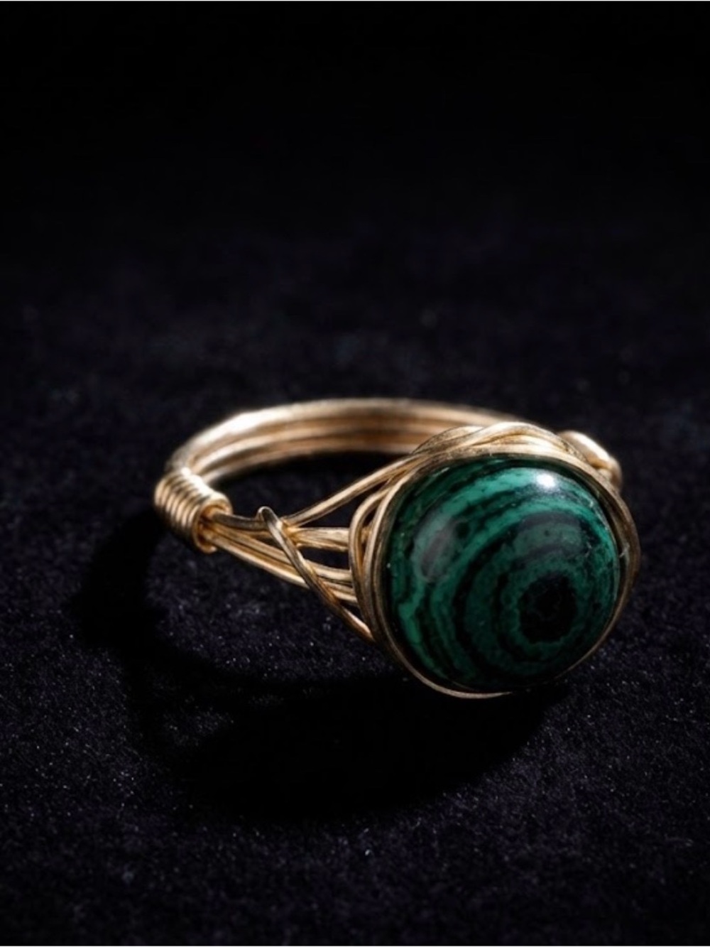Gold Wire Wrapped Ring with Green Malachite Stone size 6.5